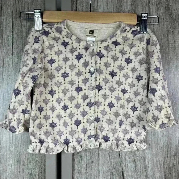 Tea Cardigan Toddler 3t Pima Cotton Ivory Purple Ruffle - Picture 1 of 8
